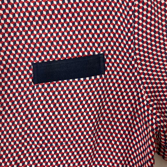 THEORY Button Shirt Women XL Silk Multi-Red Geo-Print Pocket Long-Slv “Rogene” - Picture 5 of 13
